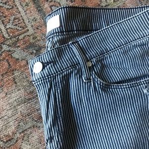 MOTHER distressed blue and white railroad skinny